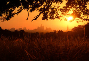 Sunrise above London skyline during Heatwave
